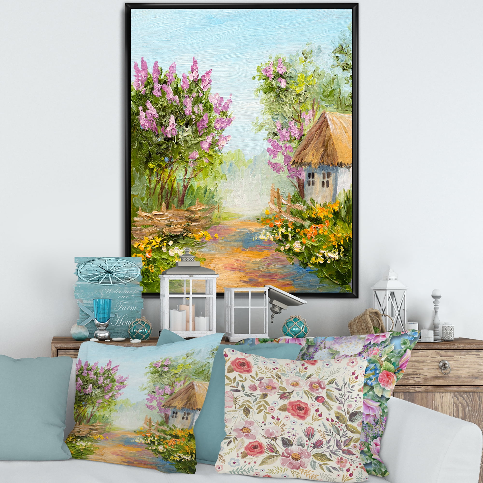 Designart 'Little House In The Blossoming Flowers Forest' Lake House Framed Canvas Wall Art Print