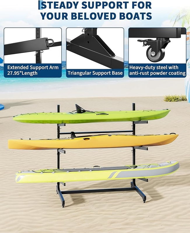 Kayak Storage Rack for 2-6 Kayaks Freestanding Kayak Rack for Outdoor Storage with Movable Wheels, Heavy-Duty Steel Kayak Hanger Holder with Hanging Straps