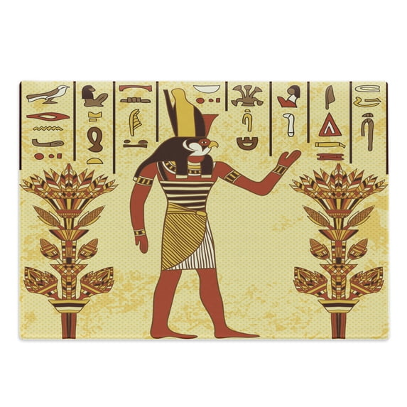 Ethnic Cutting Board, Egyptian Hieroglyph with Symbolic Figure Retro Myth Papyrus Graphic, Decorative Tempered Glass Cutting and Serving Board, Large Size, Pale Yellow Marigold Red, by Ambesonne