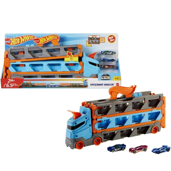 Hot Wheels - Speedway Hauler Storage Carrier with 3 1:64 Scale Cars & Convertible 6-Foot Drag Race Track for Kids 4 to 8 Years Old, Stores 20  Cars & Connects to Other Playsets, HGH33