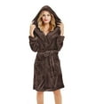 thumbnail image 3 of Women's Plush Fleece Hooded Knee Length Robe Set, Soft Bathrobe with Pockets and Sleep Mask, Cozy Loungewear, Warm Spa Robe with Adjustable Belt, Matching Eye Mask Included Coffee XXL, 3 of 7