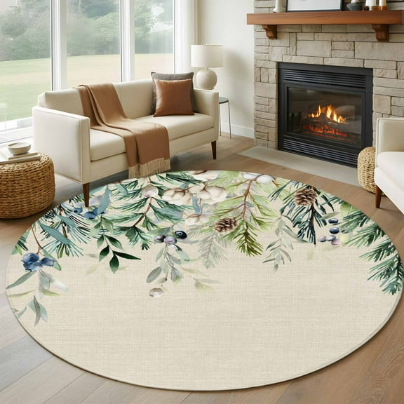 Green Christmas Round Rug 5ft Washable Circle Kitchen Rugs Non Slip Farmhouse Weeping Berry Pine Cones Large Area Rug Indoor Floor Carpet for Bedroom Living Room Home Office Dining Room Nursery