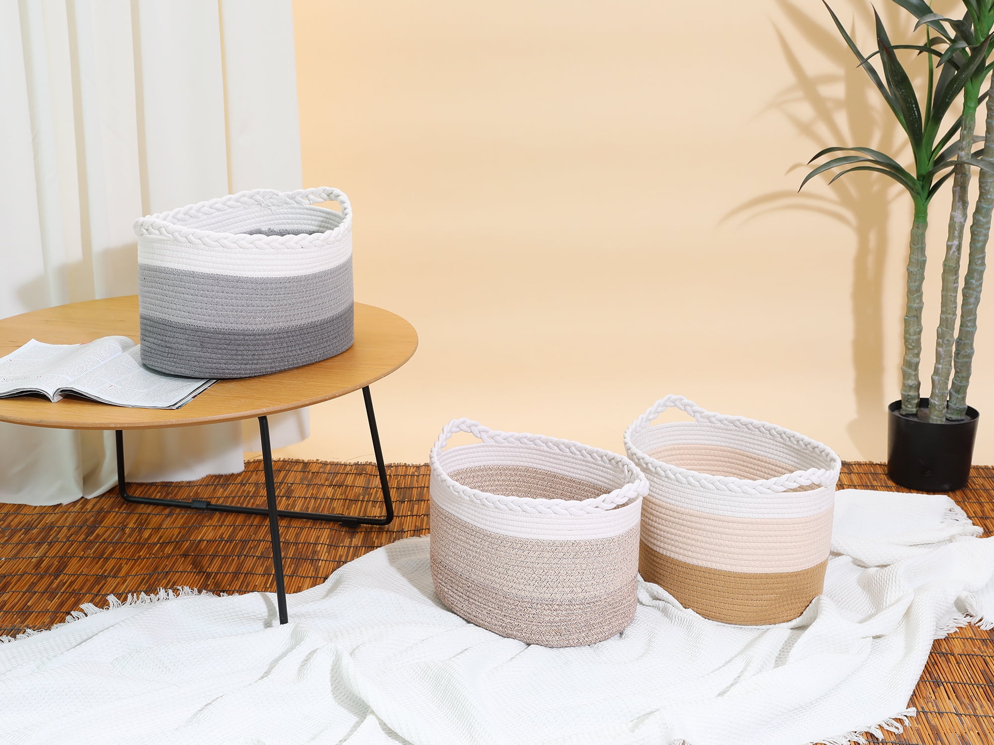 Unique Bargains Woven Storage Basket for Clothes Organizer Bin with Handles Brown