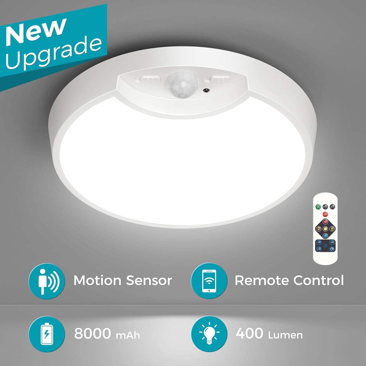 Rechargeable Motion Sensor Ceiling Light with Remote - Battery Powered for Closets, Shower, Stairs, Shed, Hallway