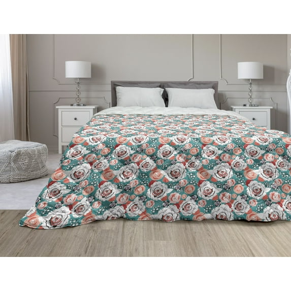 Rose Down Alternative Comforter, Graphic Image of Romantic Flower Silhouettes with Polka Dots Top View, Microfiber Quilt for All Season, 5 Sizes, Pink Pale Peach, by Ambesonne