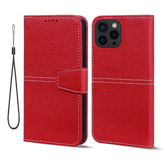 for iPhone 14 Plus 6.7" 2022 Flip Wallet Case, PU Leather Case with Card Slot Kickstand & Wrist Strap Shockproof Protective Case for iPhone 14 Plus Ladies Women Men, Red