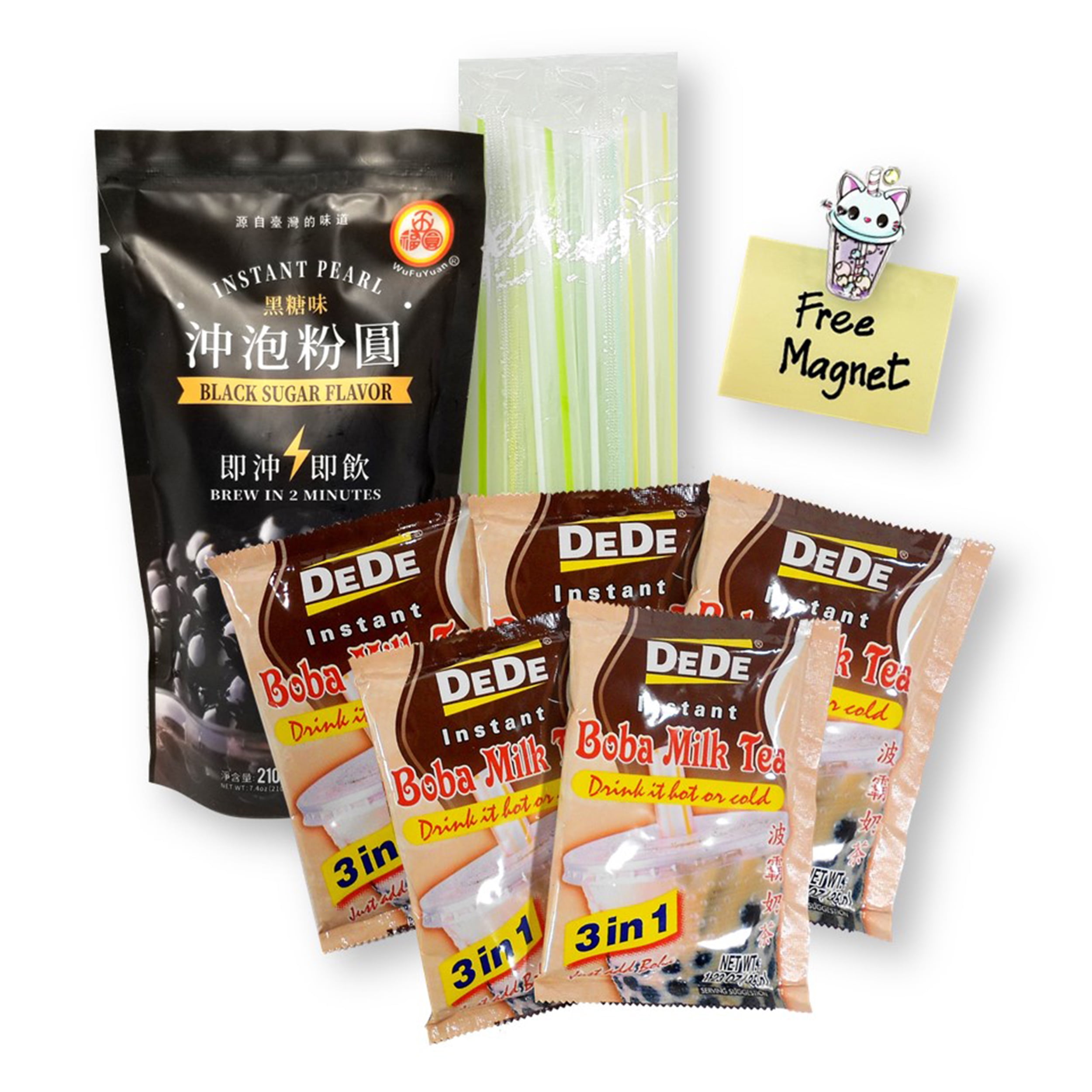 Secret Pantry Boba Milk Tea DIY Kit 12-Pc. (5 DeDe Boba Milk Tea, 1 WFY Instant Black Tapioca Pearls,  5 Boba Straws,  1 Bubble Tea Magnet)