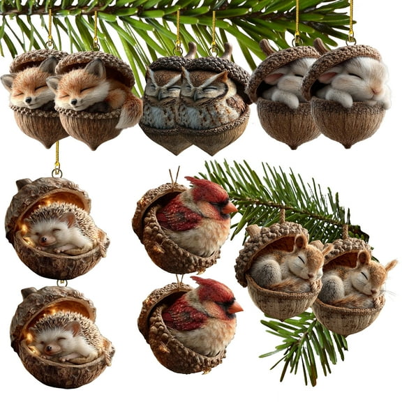 12PCS Forest Animal Acorn Ornaments Cozy Forest Christmas Ornaments, 2025 New Pine Cone Animal Decoration, Woodland Creature Hanging Ornament, Acrylic Hanging Ornament for Home Decor