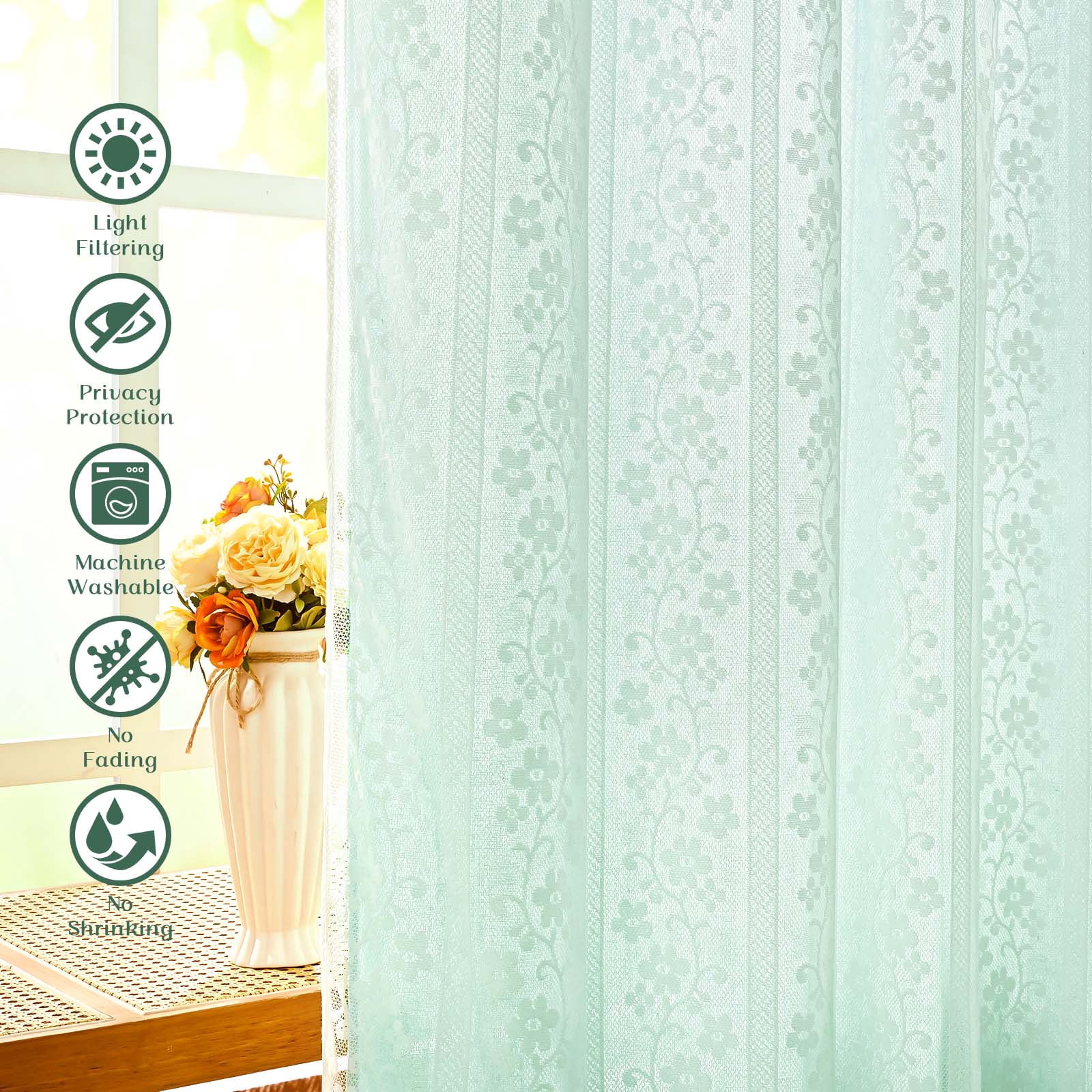 Alishomtll Teal Linen Curtains with Lace Sheer 84 Inches Long, Double Layer Light Filtering Window Drapes for Bedroom Living Room,W52 X L84,2 Panels