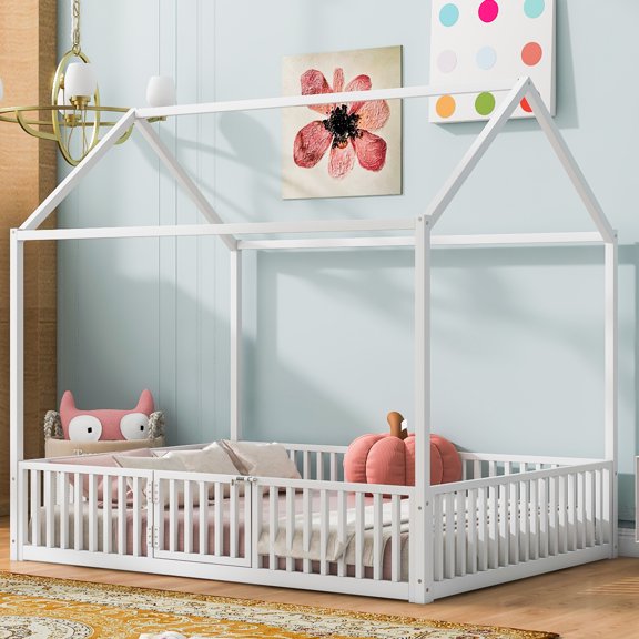 CoSoTower Full Size Metal House Bed with Fence and Door, White