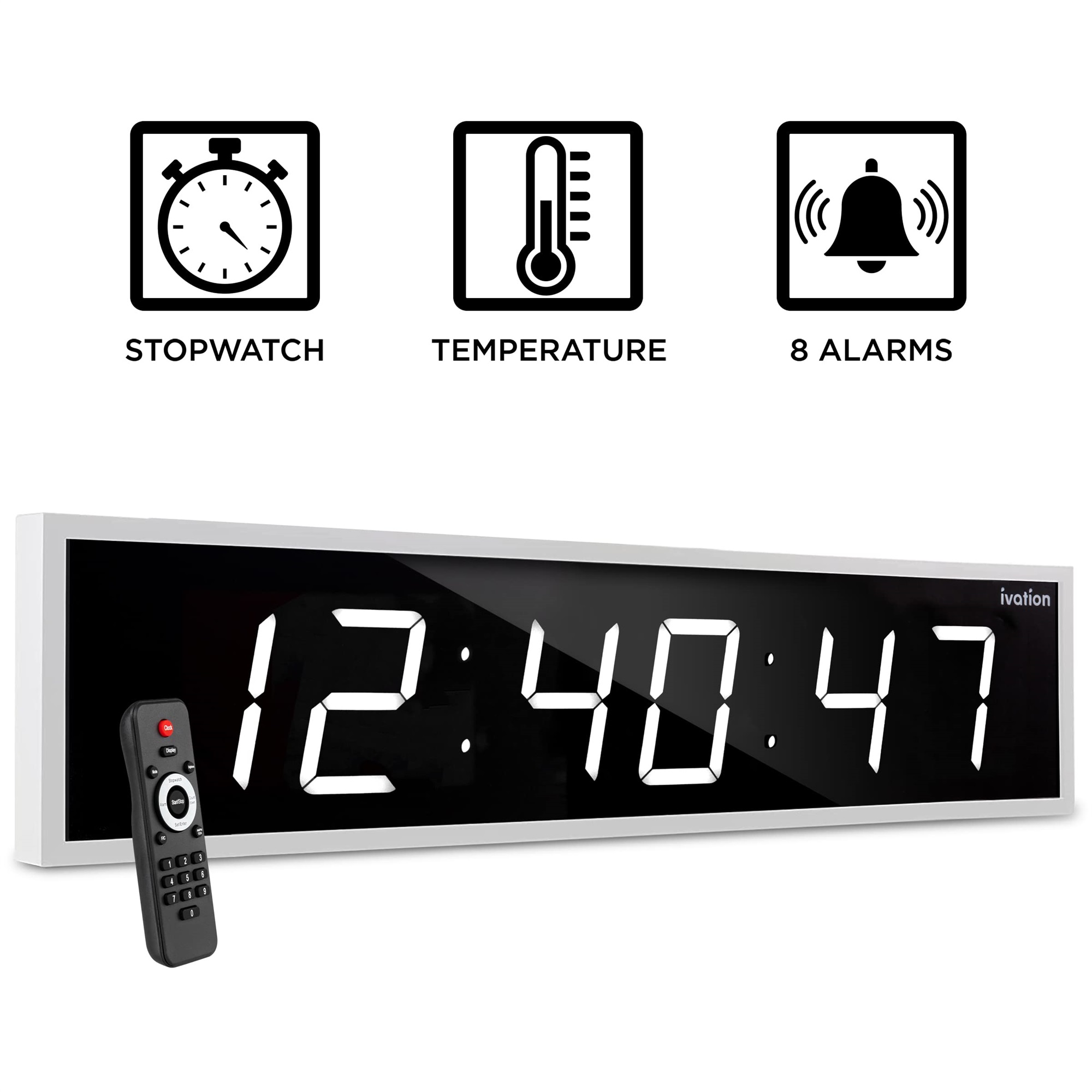 Ivation 72" LED Wall Clock with Stopwatch, Alarms, Timer, Temp & Remote
