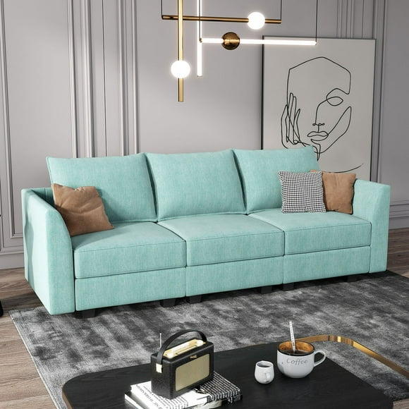 HONBAY Morden Linen Three-Seaters Couches, with Movable Storage,Aqua Blue