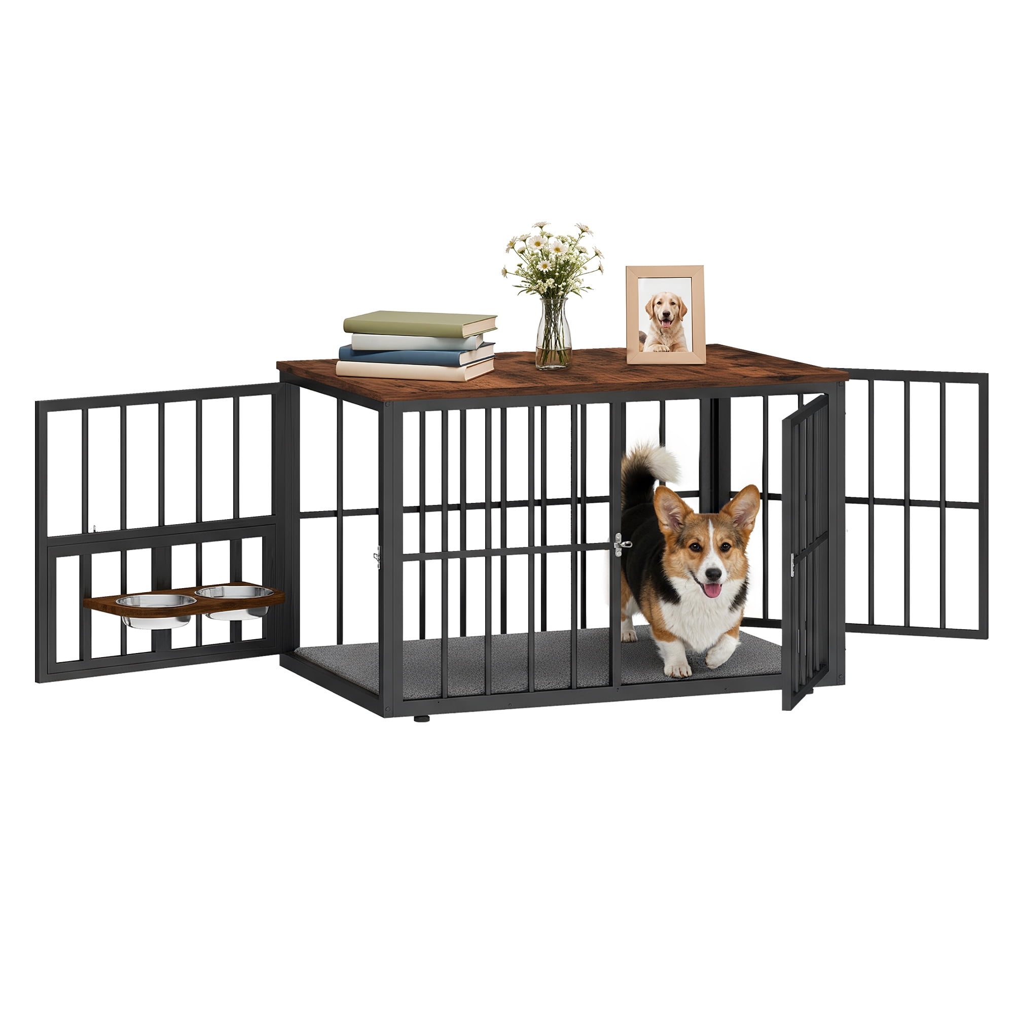 Uforic 44.3" Large Wooden Dog Crate Furniture with 3 Doors & 2 Rotatable Bowls for Medium Large Dogs, Brown