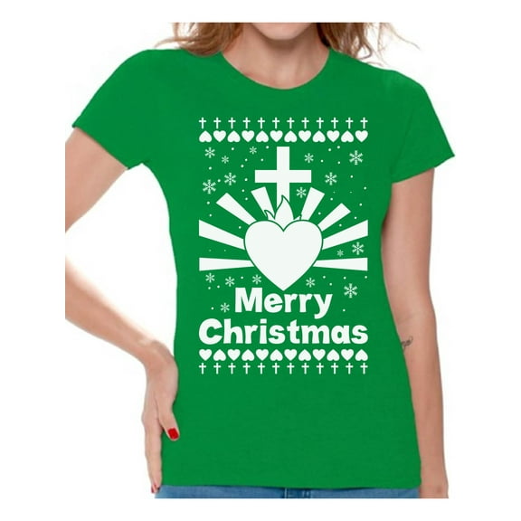 Heart Tee for Women Love Print Merry Christmas Shirt for Women Happy Holidays Women Shirt Christian Shirt for Her Merry Xmas Ladies T-Shirt Religion Christmas Tshirt Christian Cross Top Xmas Gifts