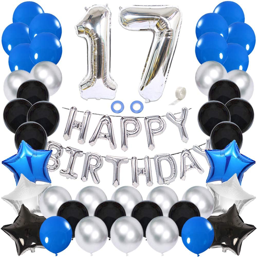 Ceqiny 17th Birthday Decoration Happy Birthday Banner Balloon Set Silver Number 17 Balloons Blue