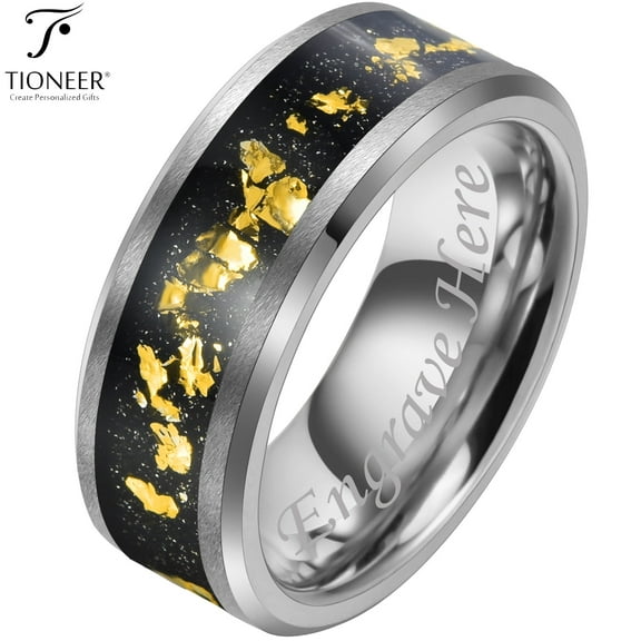 Tioneer Tungsten Carbide in Silver or Black Beveled Edge w/ Gold Foils Inlay Wedding Band / Ring for Men Women 8MM w/ FREE Engraving