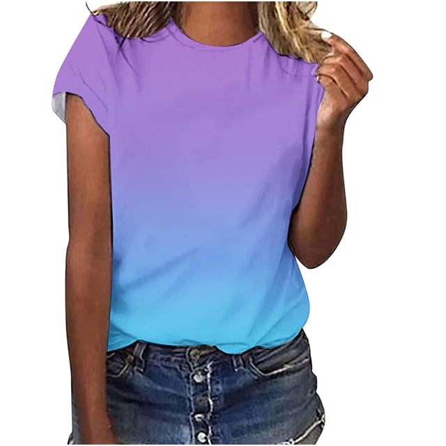 Yuyuzo T-Shirts à Manches Courtes pour Femmes, Col Rond, Dégradé de Couleur, Hauts d'Été Grande Taille