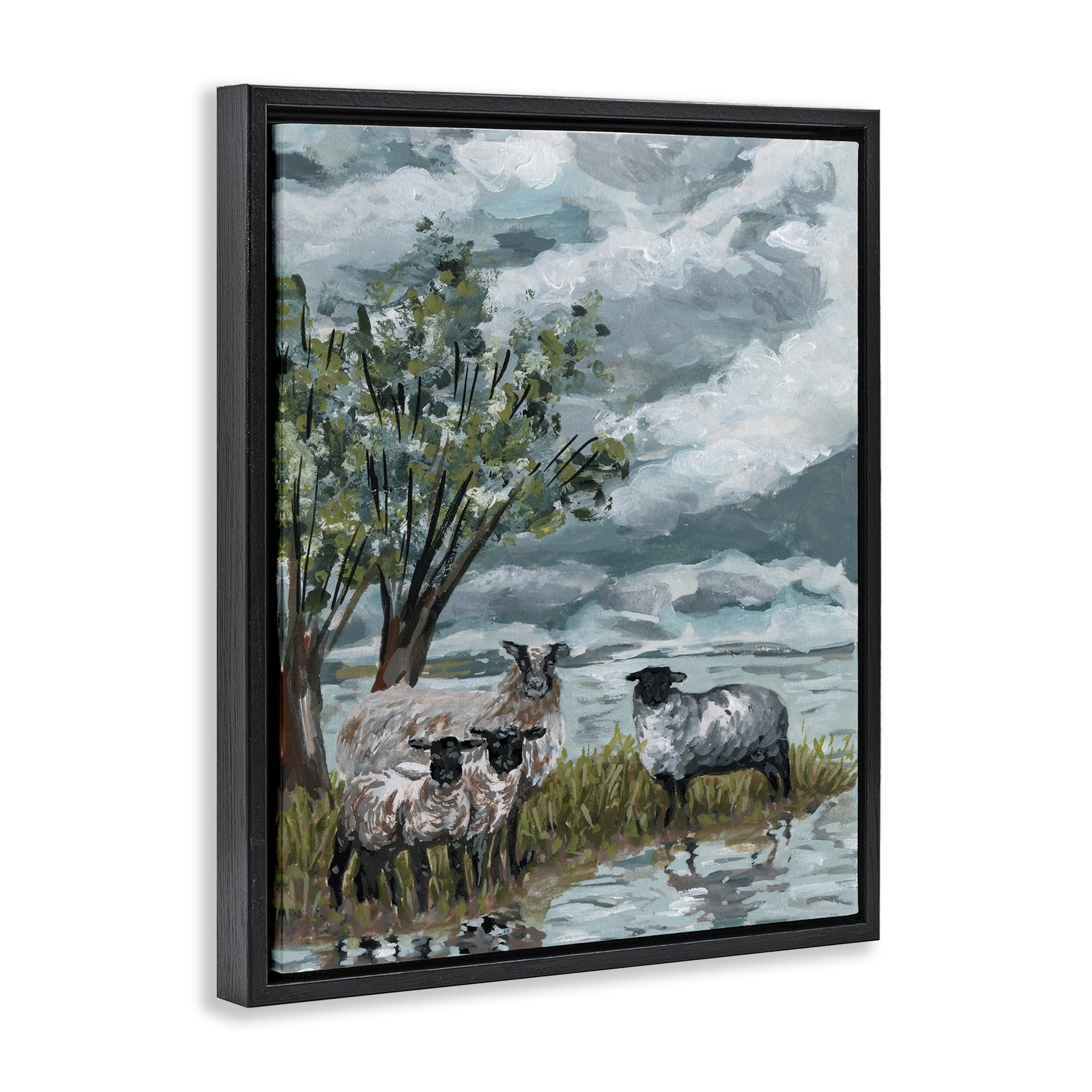 Stupell Industries Traditional Sheep View Landscape Painting Black Floater Framed Canvas Art Print Wall Art, 25 x 31
