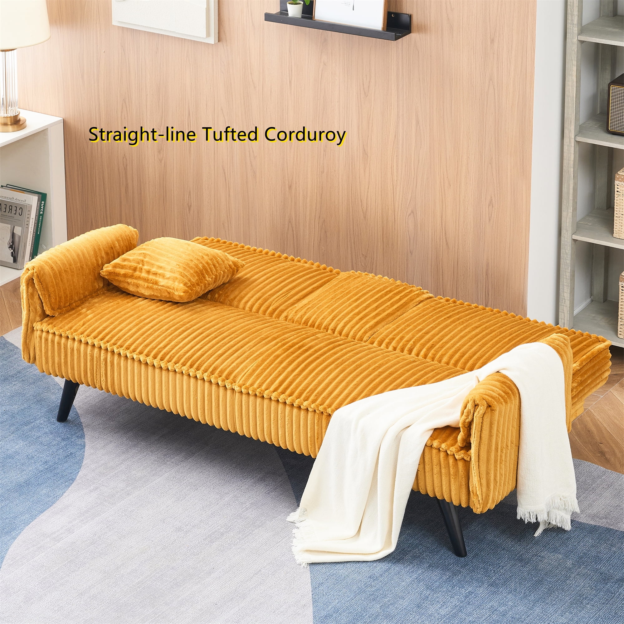 Aukfa Corduroy Futon Convertible Sofa Bed, 2 Cup Holders& Pillow, Straight-line Tufted, Mustard