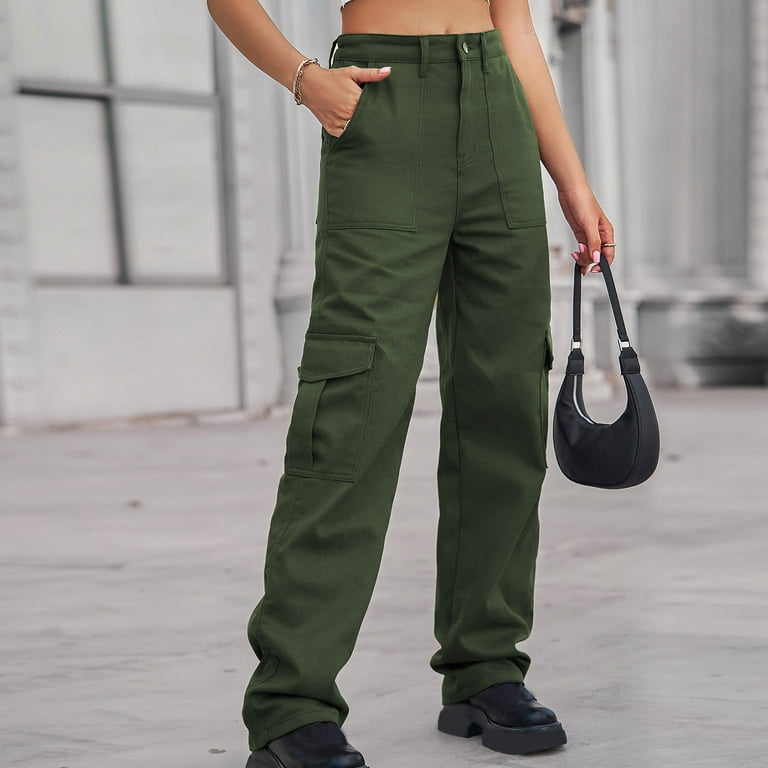 Cargo Pants Y2K Sweatpants for Women Straight Wide Leg High Waist Stretch  Baggy Multi Pockets Relaxed Fit Trousers (L, Army Green-L)
