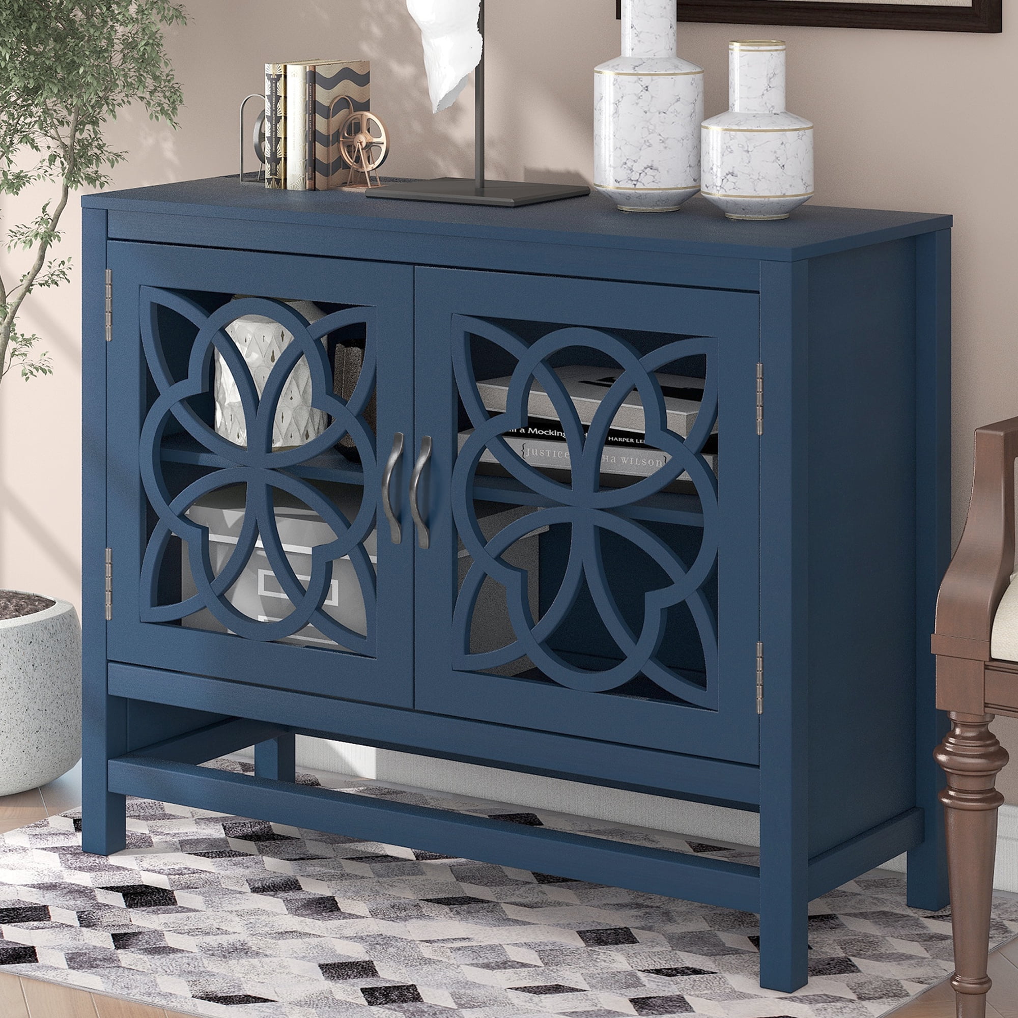 Storage Accent Cabinet Mirrored 2 Door Chest Table Furniture Blue Wood Shelves 