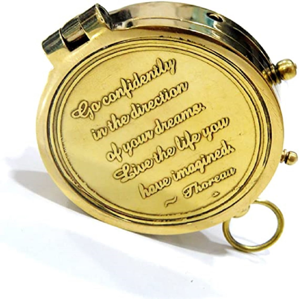 Direction Go Confidently Brass Compass Engraved with Stamped Leather Case 