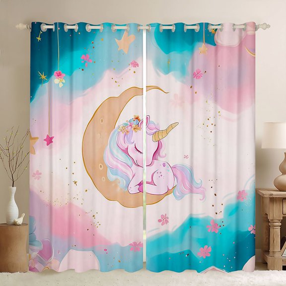 Homewish Mystic Stars Unicorn Black Out Curtains, Dreamy Pink Blue Wateroclor Curtains Pack of 2 (42x63 Each), Cherry Blossoms Bedroom Curtains, Living Room Curtains Decor