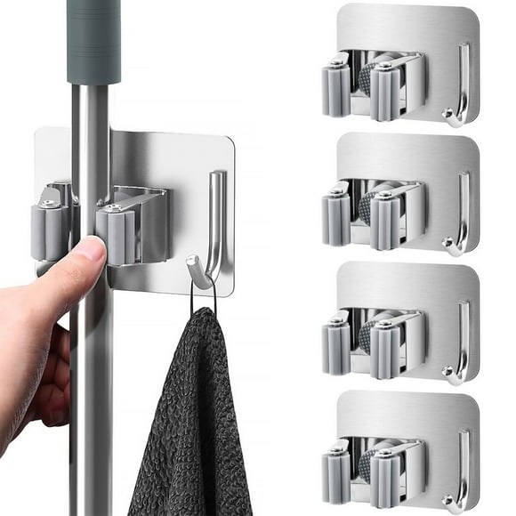 AMERTEER 4Pcs Mop Broom Holder Wall Mounted Self Adhesive Stainless Steel Broom Holder Non-Slip Waterproof Wall Mop Organizer with Hook Hanger for Kitchen Bathroom Garden Garage