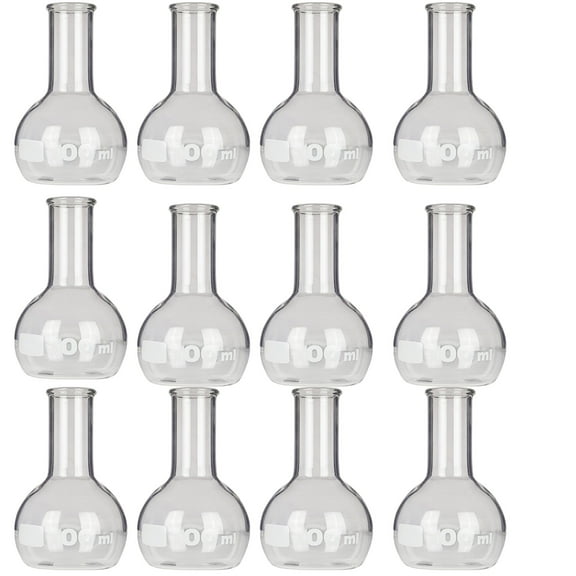 Flask Flat-Bottom Florence Boiling Flask, Standard Neck, 100ml capacity. Made from Borosilicate Glass. A good fit for any laboratory, science classroom, or homeschool. Pack of 12