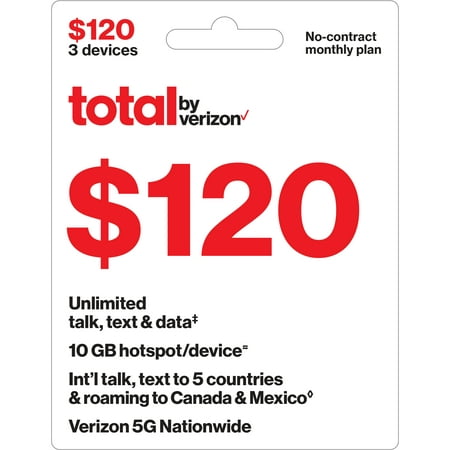 Total by Verizon $120 No-Contract Three Device Unlimited Talk, Text & Data Plan + 10GB Hotspot Data & Int'l Calling e-PIN Top Up (Email Delivery)