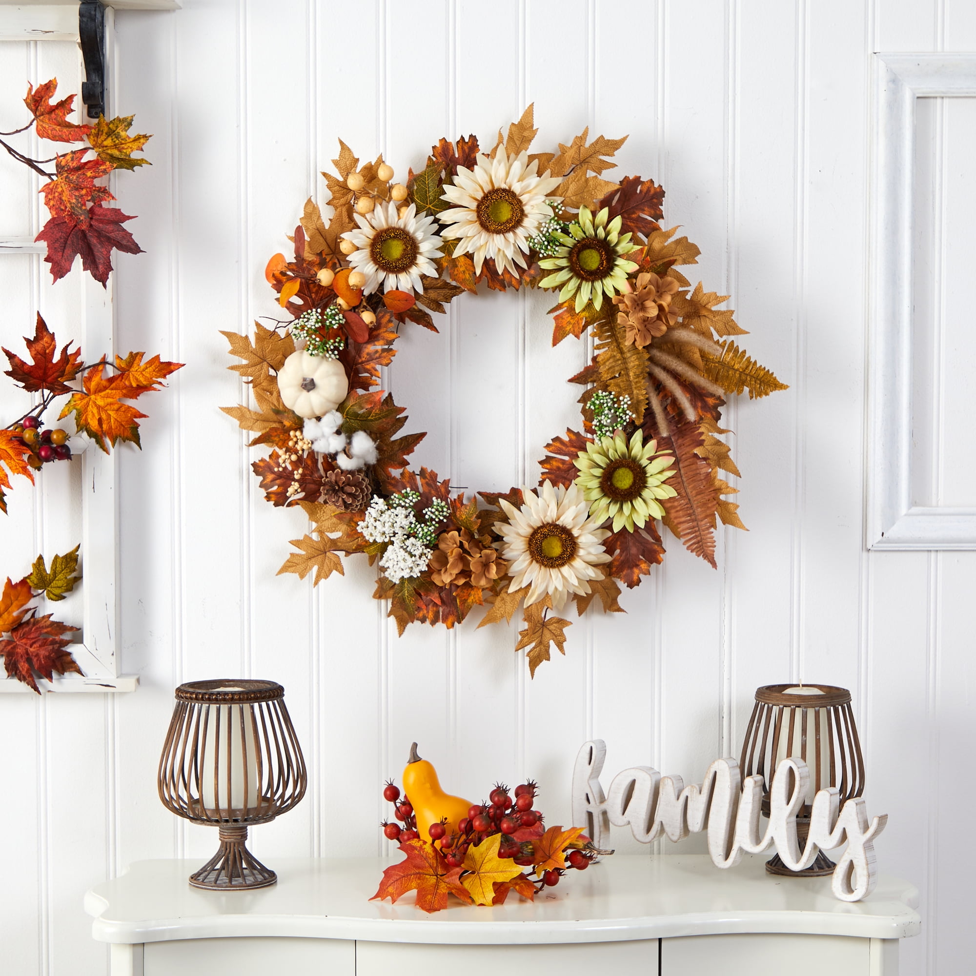 Nearly Natural Plastic Artificial Fall Wreath, with Sunflower 30" (Multicolor)