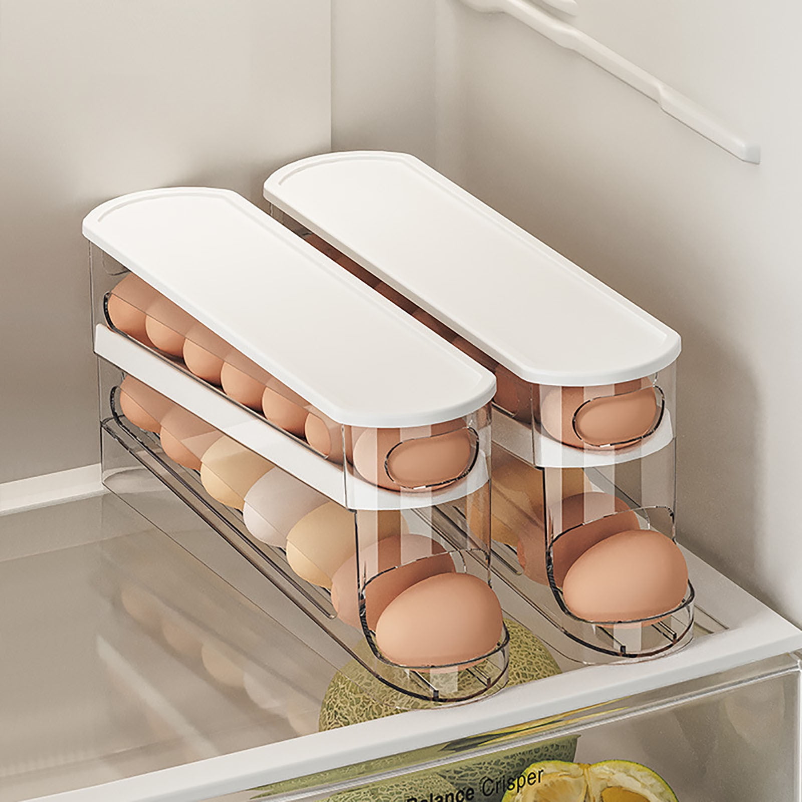 Bxaolu Auto Rolling Egg Dispenser for Refrigerator, Space-Saving Fridge Egg Organizers and Storage with Lid, Egg Tray Hold 16 Eggs for Countertop, Kitchen, Outdoor Use[2PCS]
