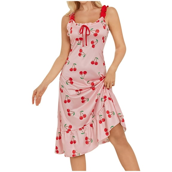 Ruimatai Women Sleepshirt Sleeveless Round Neck Long Dress Cherry Print Homewear Soft Comfortable Nightgown Loungewear Polyester Acrylic