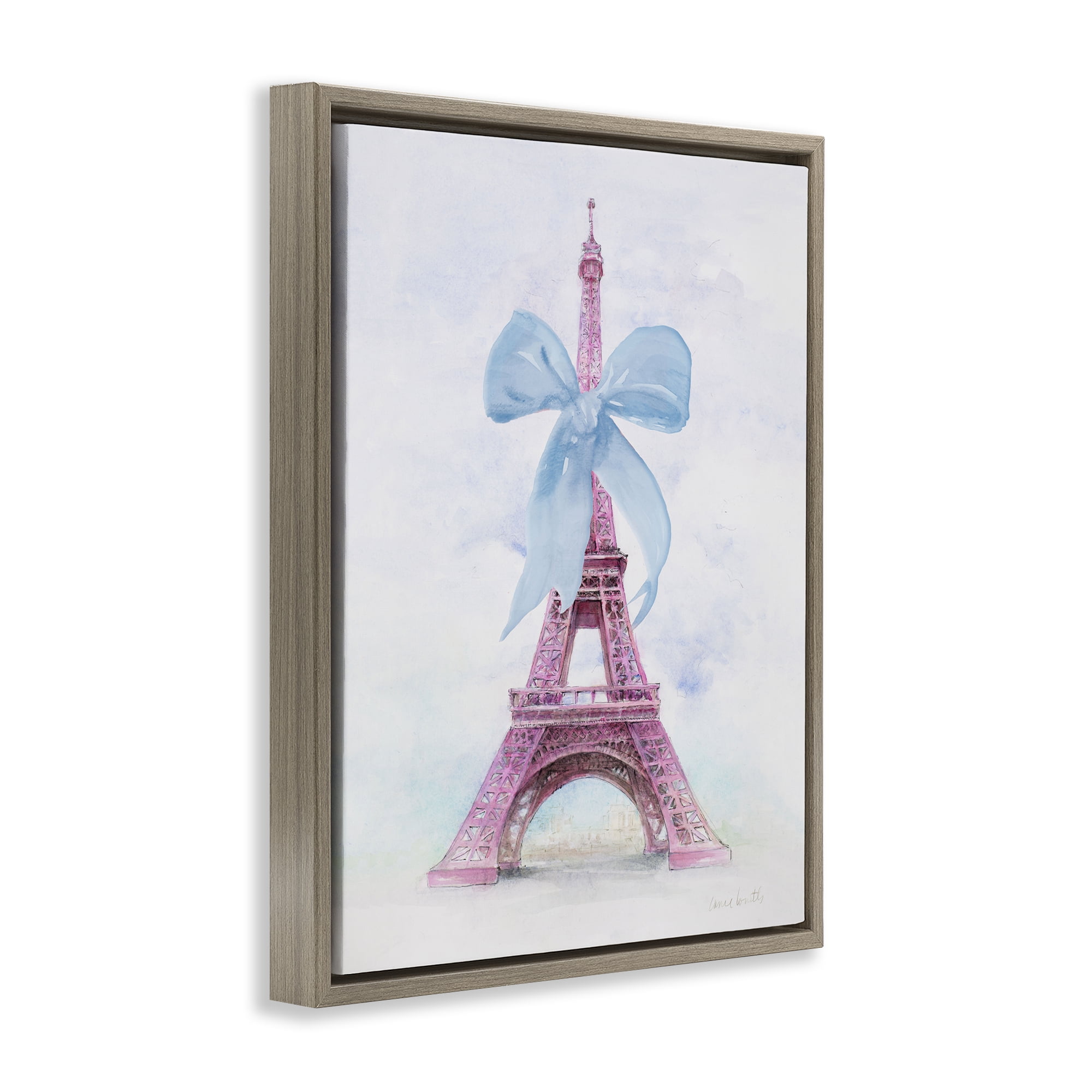 Stupell Industries Pretty Bow Eiffel Tower Buildings & Architecture Painting Brown Floater Framed Canvas Art Print Wall Art, 17 x 21