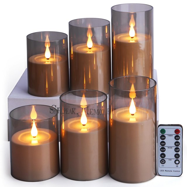 Sanmli 6pcs Flameless Candles Gray Acrylic with Remote Control and Timer, Battery Operated LED Pillar Candles Flickering Warm White Light (D: 3.15" x H: 4" 5" 6")
