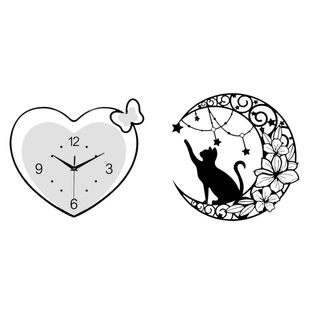 Reloj de pared acrílico sin , diseño de gato, escultura artística de pared, adorno de corazón hueco, diseño de mariposa, hierro, adecuado para c