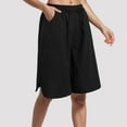 thumbnail image 2 of vigerkar Women's Linen Summer Shorts Casual Bermuda Wide Leg Mid Length High Waisted Drawstring Quick Dry Short with Pocket Black, S, 2 of 5