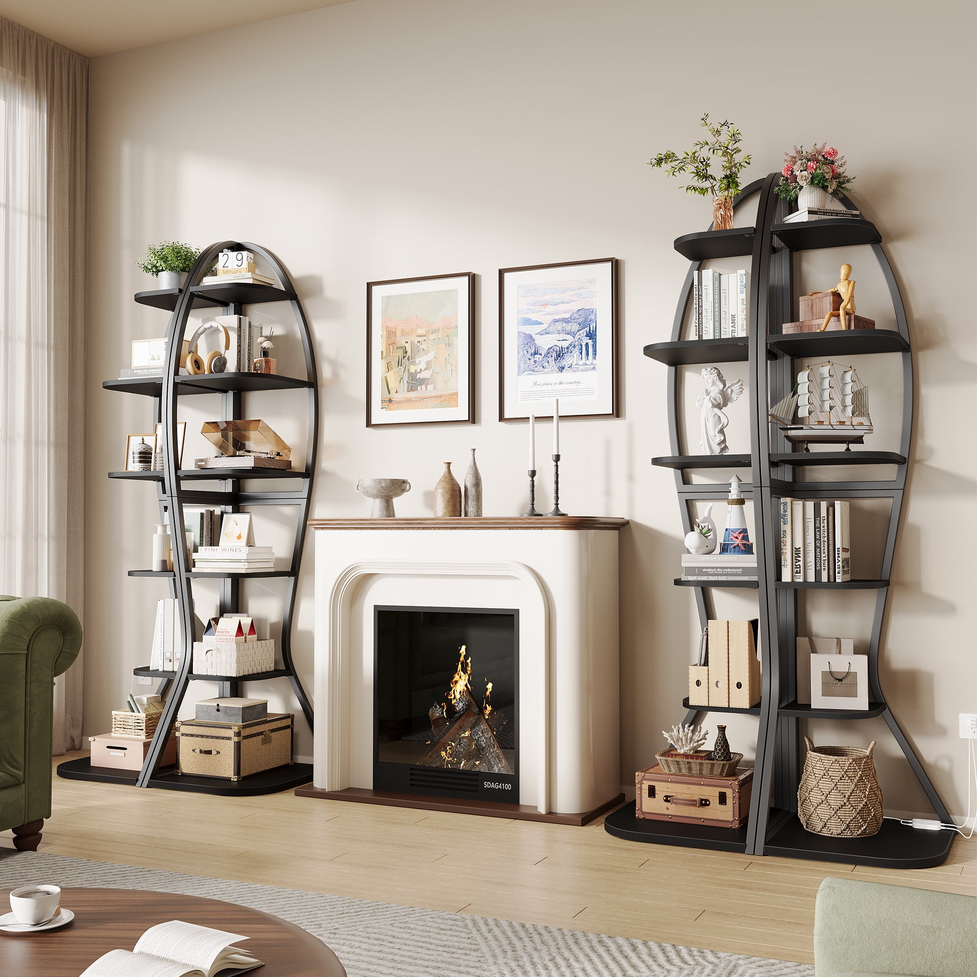 Vividwood Artistic Fish-Inspired Corner Shelf with LED Lights, 6-Tier Tall Corner Bookshelf with Multi-Depth Display, Vividwood Space-Saving Storage Unit with Remote Control for Bedroom & Living Room