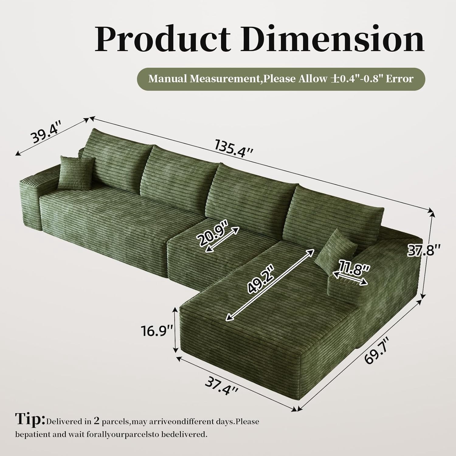 Sailvan 135" Cloud Sectional Couch, Cloudy Sofa with L-Shape Chaise, Upholstered Couches for Living Room & Bedroom, No Assembly Required, Plush Corduroy Fabric, Green