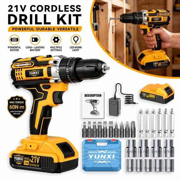 YUNXI 21V Cordless Drill Driver Kit, 60N·m Max Torque Electric Power Drill with 1 Pack Lithium Battery, Fast Charger, Complete Drill & Screwdriver Bits, Storage Tool Case, 2 Speed Drill with LED Ligh