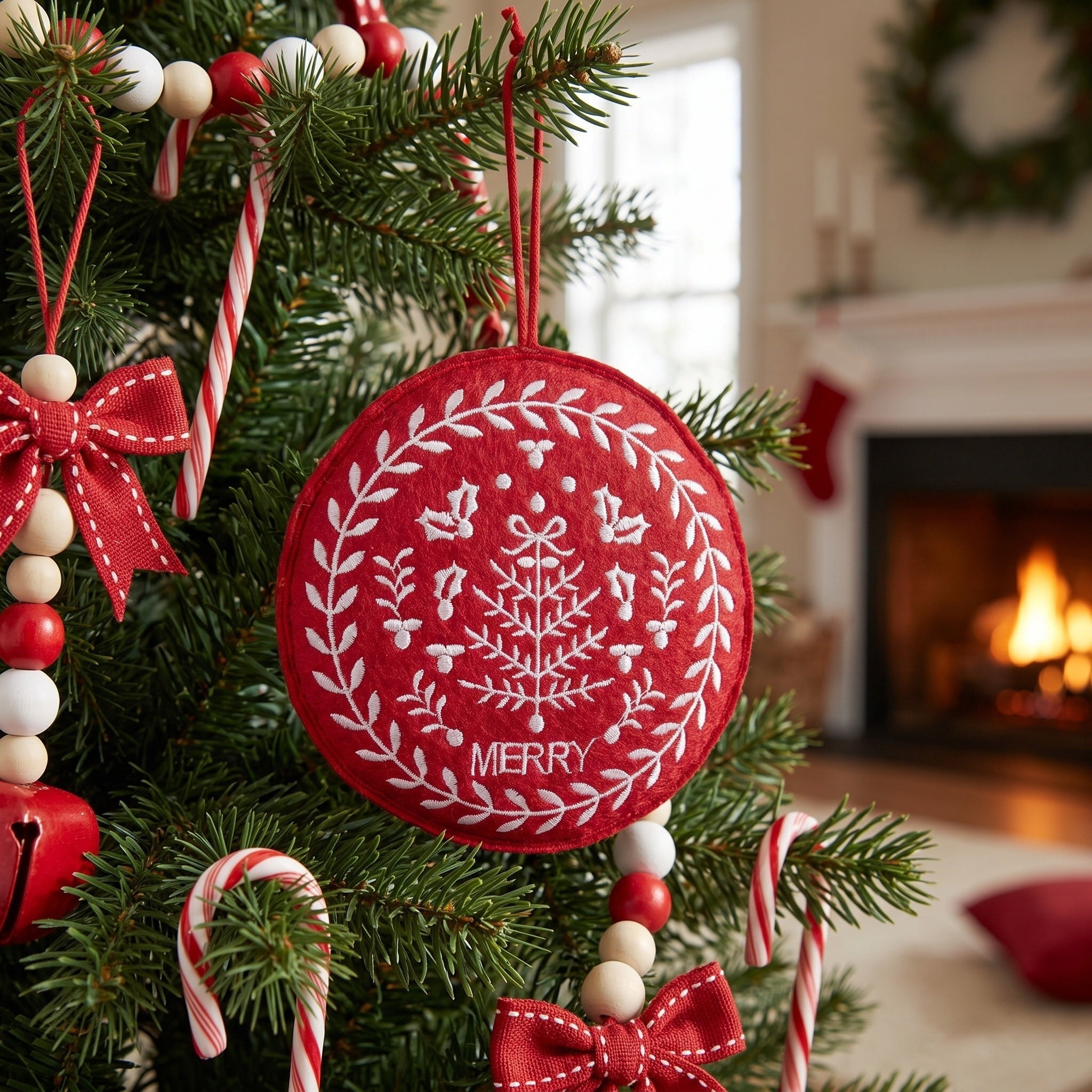 Red and White Merry Embroidered Christmas Ornament, 4", by Holiday Time