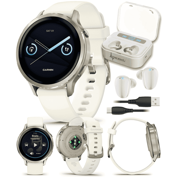 Garmin Venu 4 - 41mm AMOLED Advanced Health & Fitness GPS Smartwatch, Bright & Colorful Display, Flashlight, Up to 10 Days, Lunar Gold w/Bone Silicone Band w/Wearable4U White EarBuds Bundle