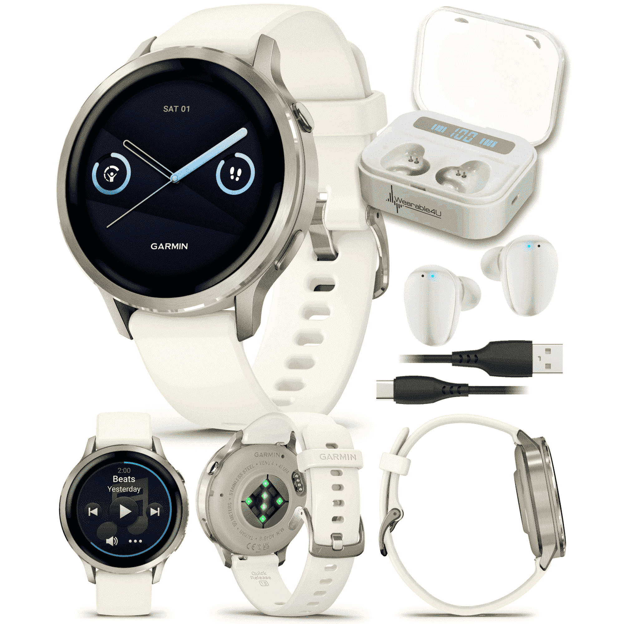Garmin Venu 4 - 41mm AMOLED Advanced Health & Fitness GPS Smartwatch, Bright & Colorful Display, Flashlight, Up to 10 Days, Lunar Gold w/Bone Silicone Band w/Wearable4U White EarBuds Bundle