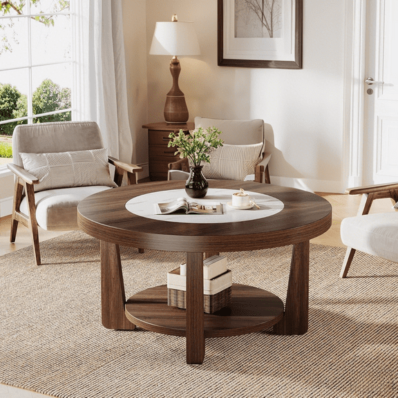 Tribesigns Coffee Table, 2-Tier Round Coffee Tablefor Living Room, Industrial Circle Wood Accent Center Table with Heavy-Duty Wood Tabletop and Storage, Brown and White