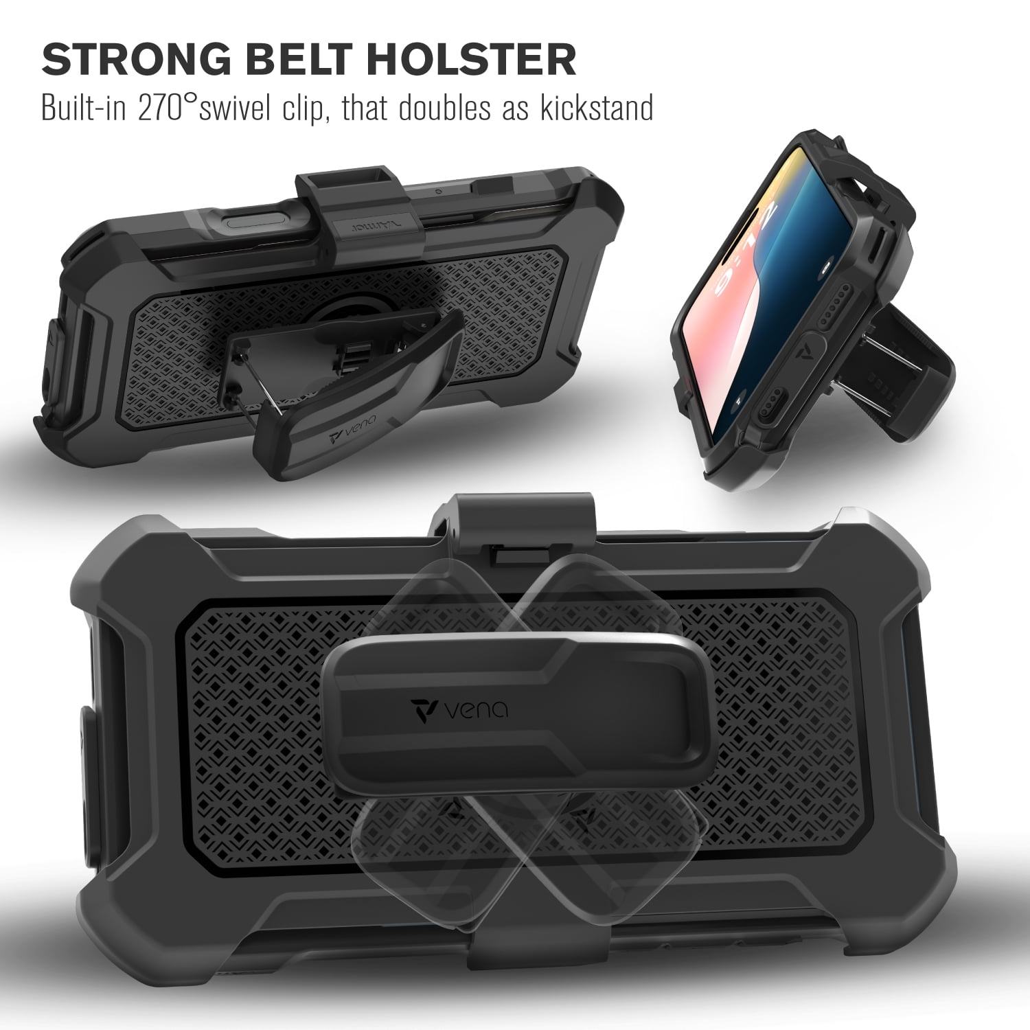 VENA vArmor Rugged Case for Apple iPhone 16 Pro (6.3"), (Military Grade Drop Protection) Magsafe Compatible and Heavy Duty Holster Belt Clip Cover with KickStand - Graphite Gray / Black