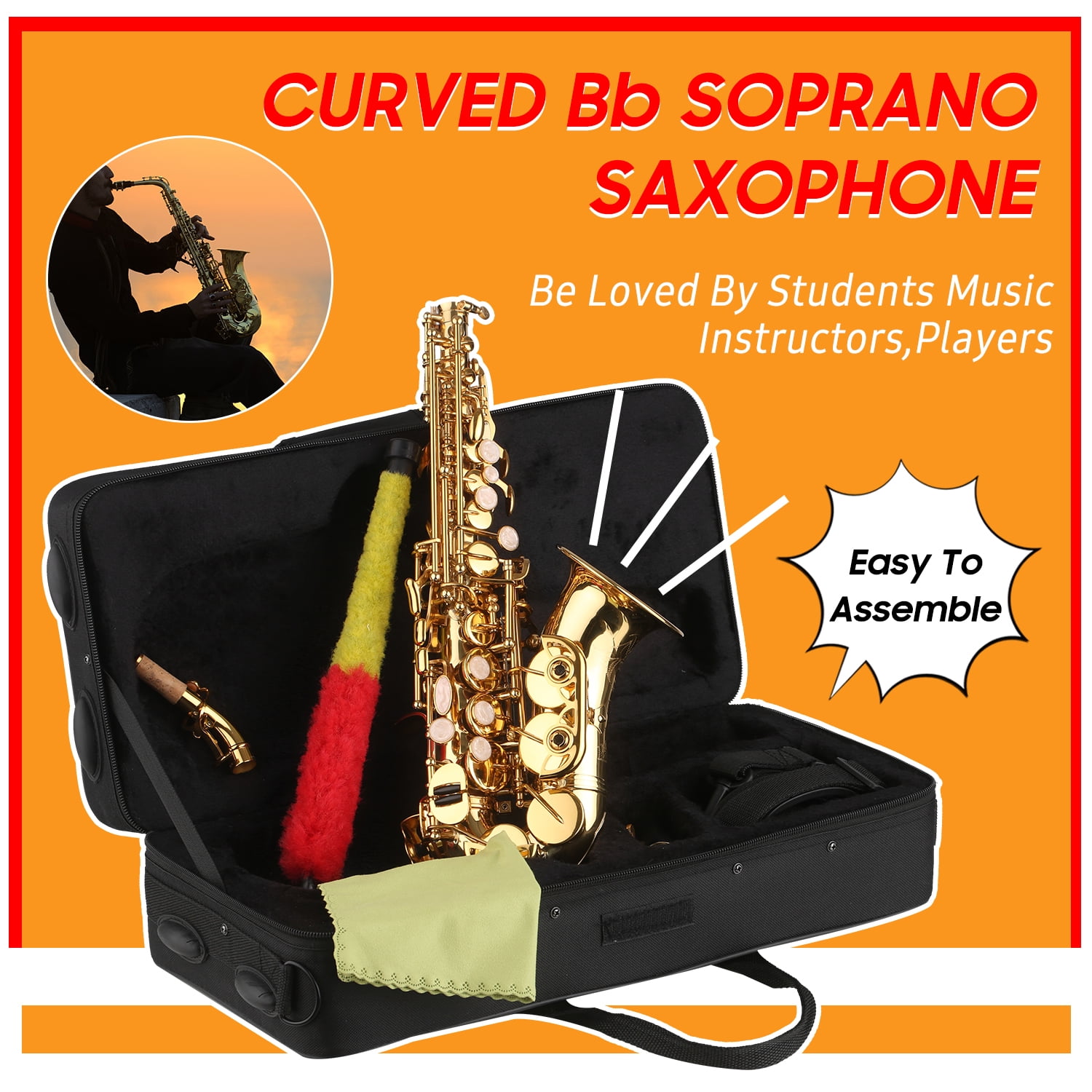 Bb Soprano Saxophone Gold Lacquer Brass Sax with Instrument Case Mouthpiece Neck Strap Cleaning Cloth Brush for Musicians Beginners