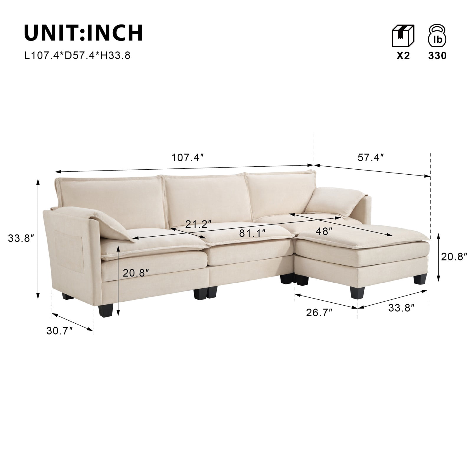 Hommoo 107-inch Cotton-Linen Velvet Texture L-shaped Sectional Sofa, 3 Seats Corner Sofa Set with Ottoman & Side Bag, Beige
