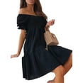 thumbnail image 3 of DYMADE Women Summer Sexy Off-The-Shoulder Solid Puff Short Sleeve Casual Surplice Peplum Dresses, 3 of 4