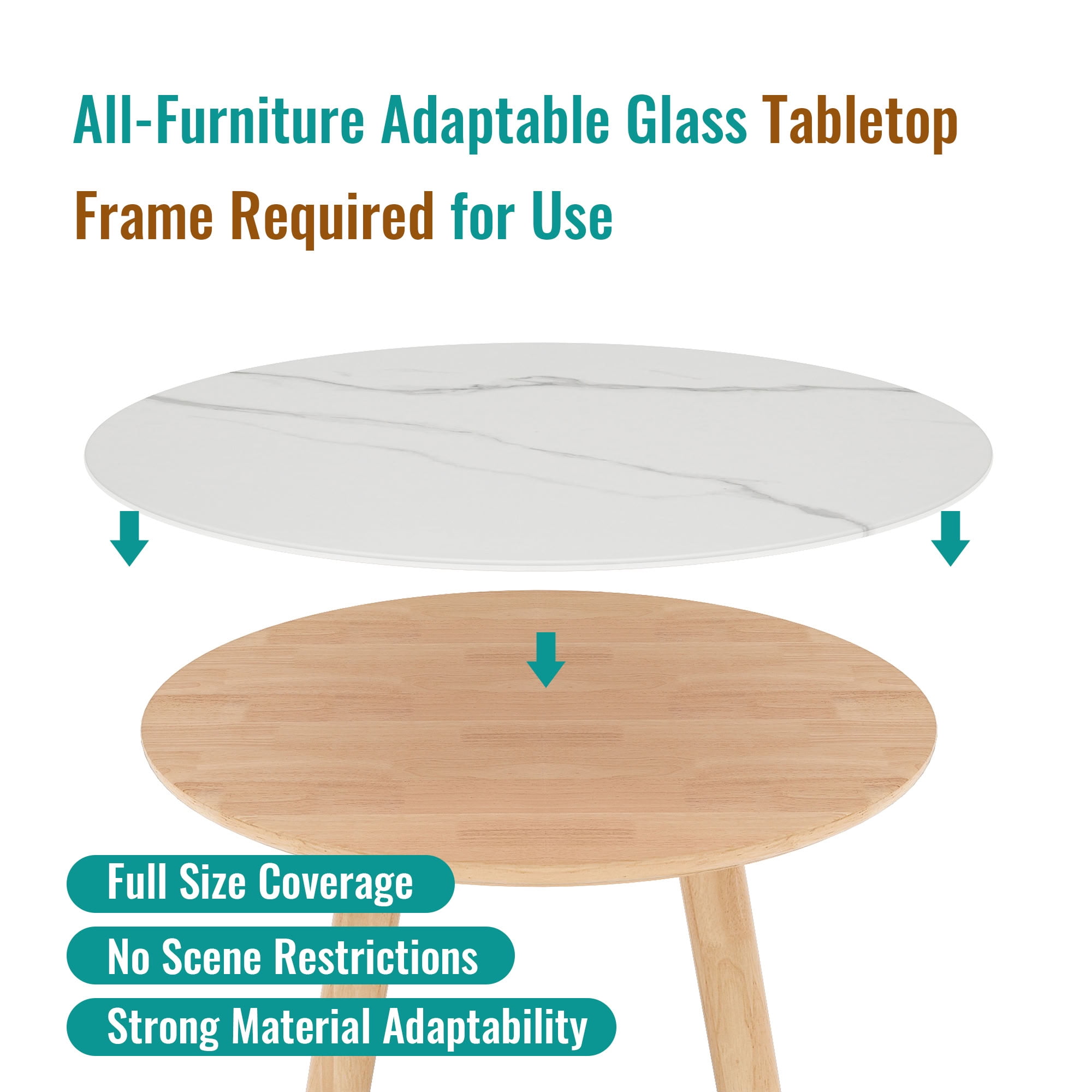MAYEERTY 24in Round Tempered Glass Table Top, 0.31in Thick White Marble Print DIY Replacement Table Cover, Heat Scratch Proof Desktop for Indoor Outdoor Coffee Patio Dining Table