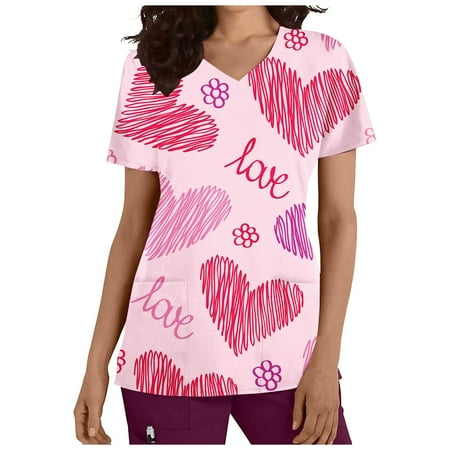 

Stamzod Valentine s Day Costumes For Women Scrub Tops Clearance Fashion Casual Short Sleeve V-Neck Tops Working Uniform Heart Printing Blouse Shirts With Pockets
